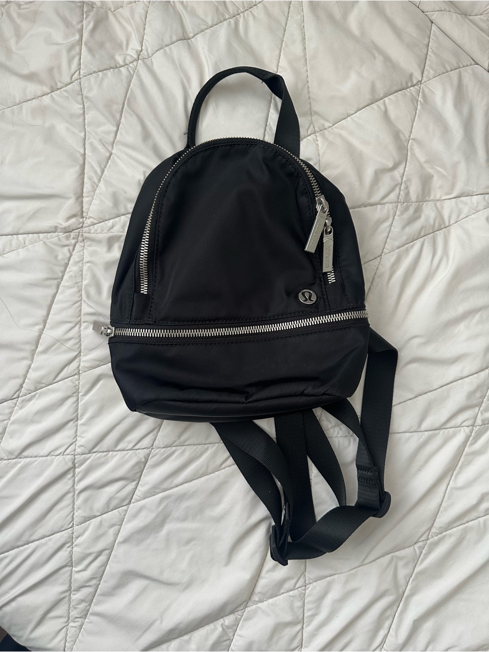 lululemon athletica Black Mini Backpack with Silver Zippers and Logo